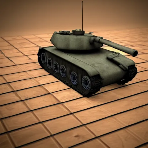 Image similar to 3d render of miniature tank driving over chessboard