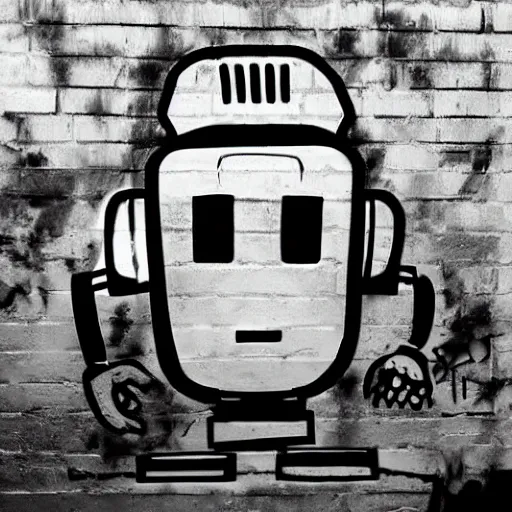 Image similar to chappie robot graffiti, black and white zef design graffiti on the wall, dark lighting, digital art