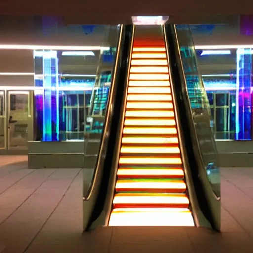 Prompt: a colour Polaroid photo of a side profile free standing illuminated escalator with iridescent Perspex panels in a field, nostalgic