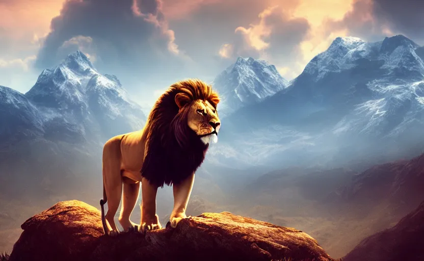Image similar to a beautiful photo of lion roar on mountain, hyper realistic, natural light, concept art, cozy atmospheric and cinematic lighting