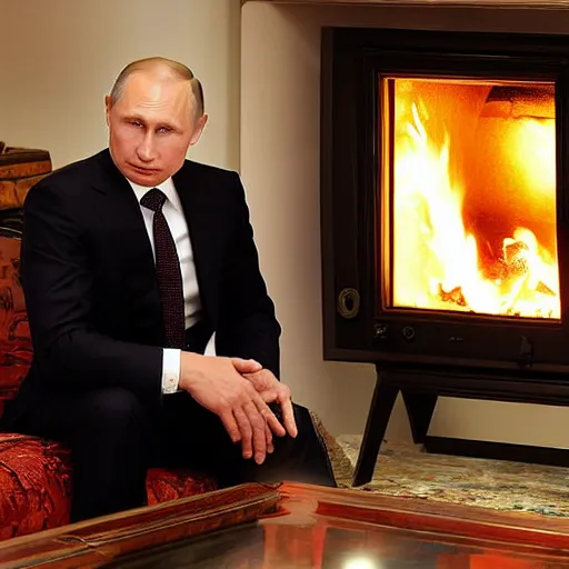 Image similar to vladimir putin looking at a log fire photograph, nikon lighting effect dof