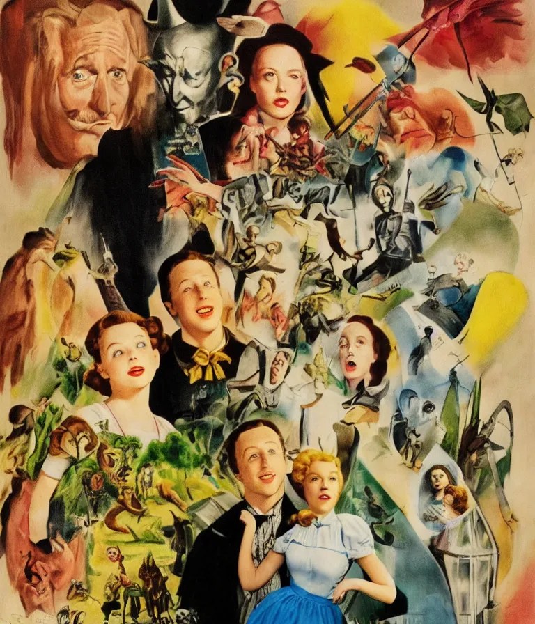 Image similar to Beautiful Fantasy Movie Poster made for the film The Wizard of Oz (1941) starring Taylor Swift and Mark Zuckerberg and Jeff Bezos and Elon Musk, minimalist oil paint and ink collage by Man Ray and Marcel Duchamp , Vivid color trending on artstation Cinematic lighting collage!! 8k