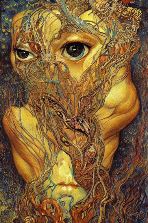 Image similar to Metamorphosis by Karol Bak, Jean Deville, Gustav Klimt, and Vincent Van Gogh, transformation portrait, chimera, visionary, cicada wings, otherworldly, fractal structures, ornate gilded medieval icon, third eye, dynamic, hybrid, fusion, change, spirals