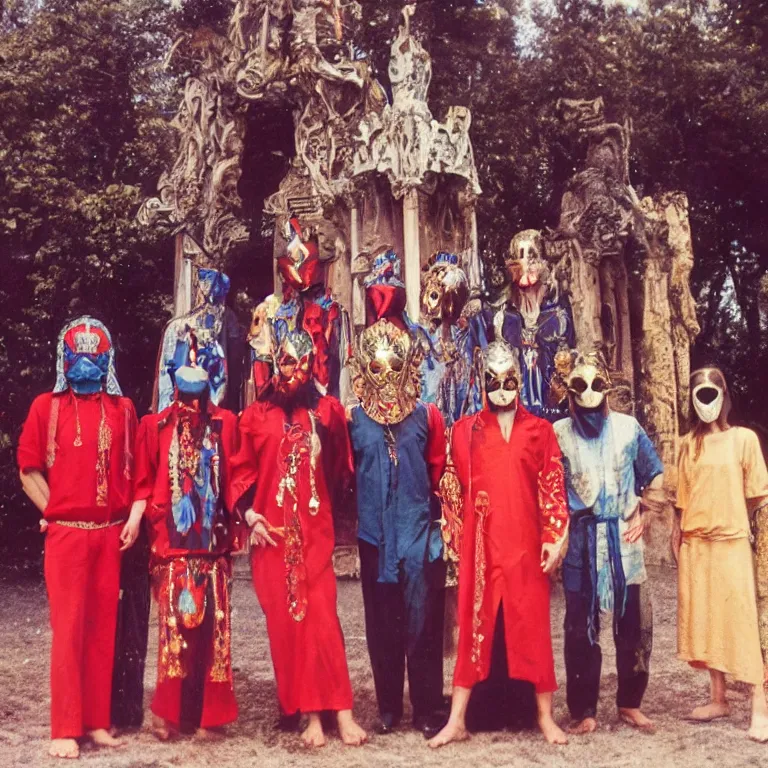 Image similar to photo group portrait of members of esoteric cult in front of a mystic temple, ektachrome, wear red tunics and mask made of gold and jewels