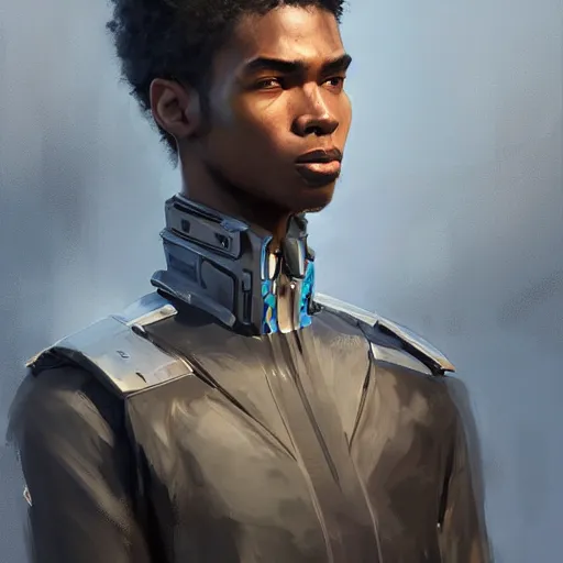 Image similar to portrait of a man by greg rutkowski, he is about 2 0 years old, mixture between afroamerican and japanese, afro hair, young, very tall and slender, he is wearing a futuristic police gear, highly detailed portrait, digital painting, artstation, concept art, smooth, sharp foccus ilustration, artstation hq