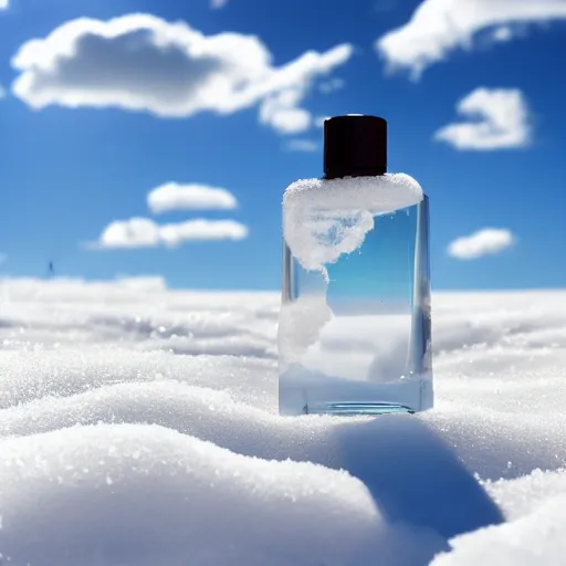 Prompt: perfume bottle artistically buried in the snow, sunny day, white clouds blue skies