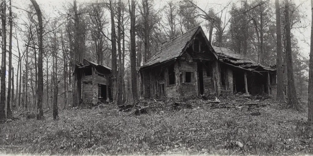 Prompt: abandoned and partially broken down wooden house in an ominous forest, 1 9 0 0 s photography