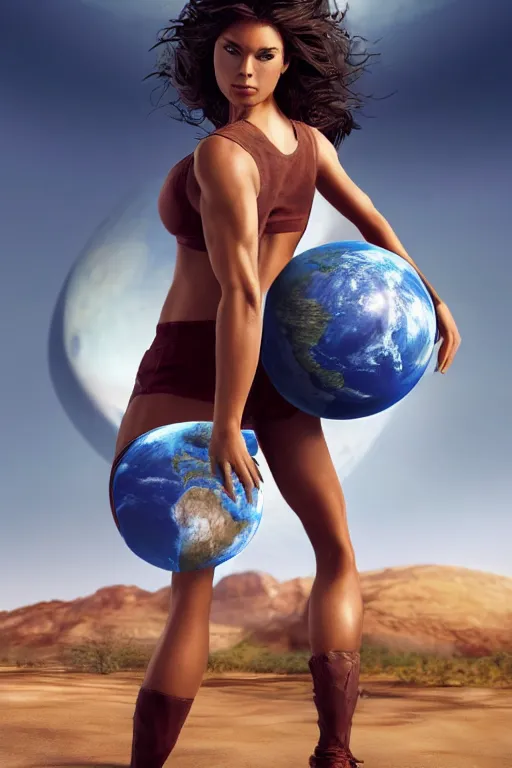 Image similar to a beautiful muscular woman wearing casual clothes carrying a giant planet Earth on her back, long hair, beautiful, hyperrealistic, concept art, octane render, unreal engine 5, trending on Artstation, high quality, 8K, soft lighting, trending on DeviantArt, highly detailed, high quality, digital art, anatomically correct, five fingers, desert in the background, path traced, complementary colors, natural lighting, epic image