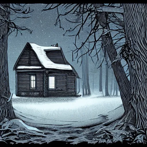 Image similar to a Ilustration of a Eerie cabin in the middle of the woods in the style of Dan Mumford