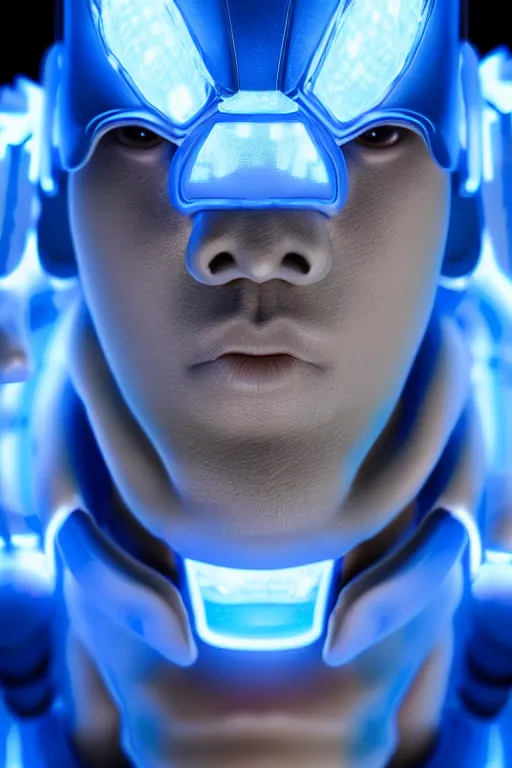 Image similar to hyperrealistic close-up blue glowy exoskeleton!! chinese man covered highly detailed concept art eric zener elson peter cinematic side soft yellow light low angle hd 8k sharp shallow depth of field