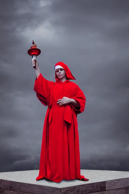 Prompt: award winning photo of the Statue of Liberty wearing Handmaid's Tale Costume, red robe, white bonnet, dramatic, cinematic lighting, 4k