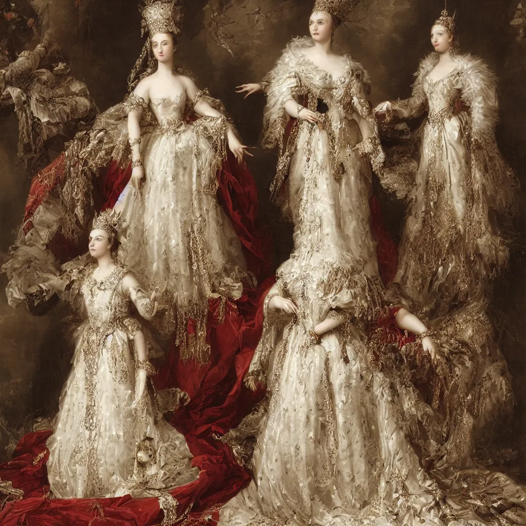 Image similar to queen _ with _ a _ decorated _ dress _ made _ of _ white _ pearls _ and _ white _ plumes _ of _ swan _ highly _ detailed _ digital _ painting
