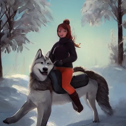 Image similar to girl riding a giant husky in the park, trending on artstation