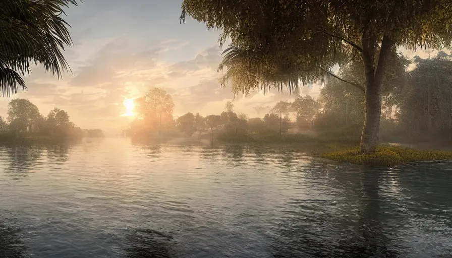 Image similar to ecological huge built on a lake with paths and roads around it, sunrise light, florida, volumetric light, hyperdetailed, artstation, cgsociety, 8 k