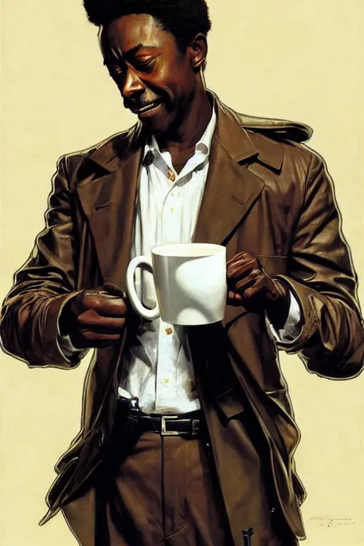 Image similar to attractive don cheadle playing as 2 1 savage drinking coffee, painting by j. c. leyendecker, yoji shinkawa, katayama bokuyo