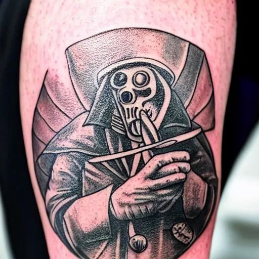 Image similar to photograph of a tatoo showing an etching of a plague doctor side shot looking at a very old pocket watch in the palm of his hand