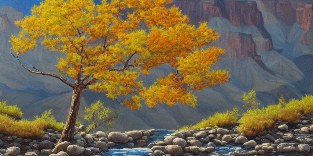 Image similar to single maple tree growing in grand canyon, stream, oil painting, highly detailed, masterpiece