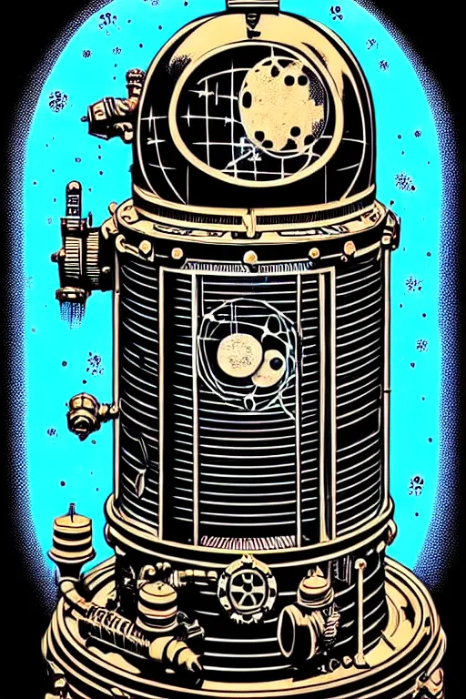 Image similar to steampunk cryo chamber containing an astronaut, high details, intricately detailed, by vincent di fate, inking, 3 color screen print, masterpiece, trending on artstation,, sharp, details, hyper - detailed, hd, 4 k, 8 k