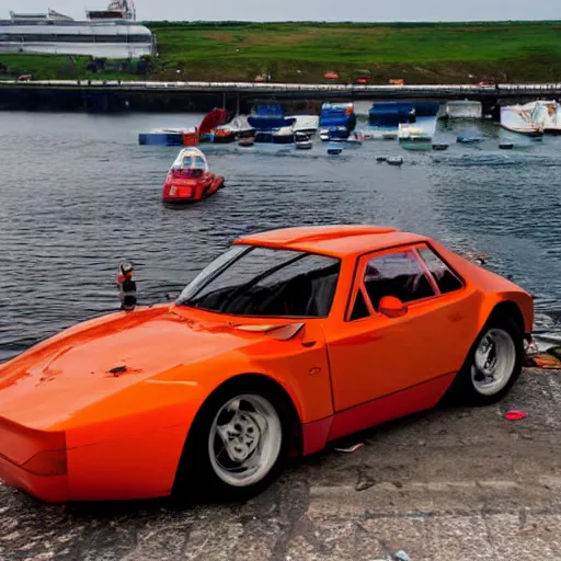 Image similar to professional high quality wide - angle image of a colorful sports car from the year 2 0 7 7. the car is badly damaged and crashed halfway headlong into the water at the stevedoring port. ( 2 0 7 7 kodachrome panavision ). the weather is very pretty. imax 7 0 mm, wide - angle.