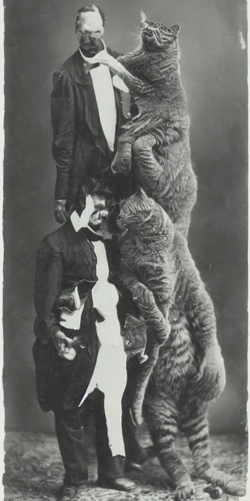 Prompt: t rex and a cat, big hands, big feet, Business men. strange, photograph, 1870s, 1890s