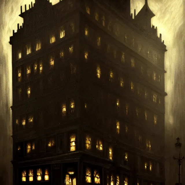 Prompt: haunted gothic hotel, 1 9 2 0 s boston overlooking a dark street, lovecraft, photorealistic, dark, atmospheric lighting, painted, intricate, ultra detailed by leesha hannigan, thierry doizon, kai carpenter, well composed, best on artstation, cgsociety, epic, stunning, gorgeous, intricate detail, wow, masterpiece