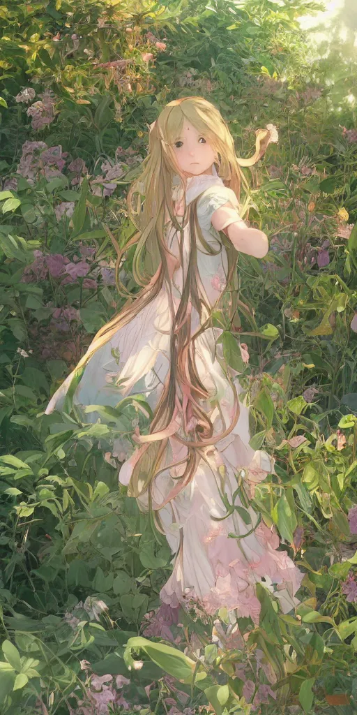 Image similar to a digital art of a loli with long hair in a dress in the privet garden at after noon, green and warm theme, back lighting, by krenz cushart and mucha and akihito yoshida and greg rutkowski and makoto shinkai, graphic design, extremely long shot, detailed eyes, 4 k resolution, trending on art station