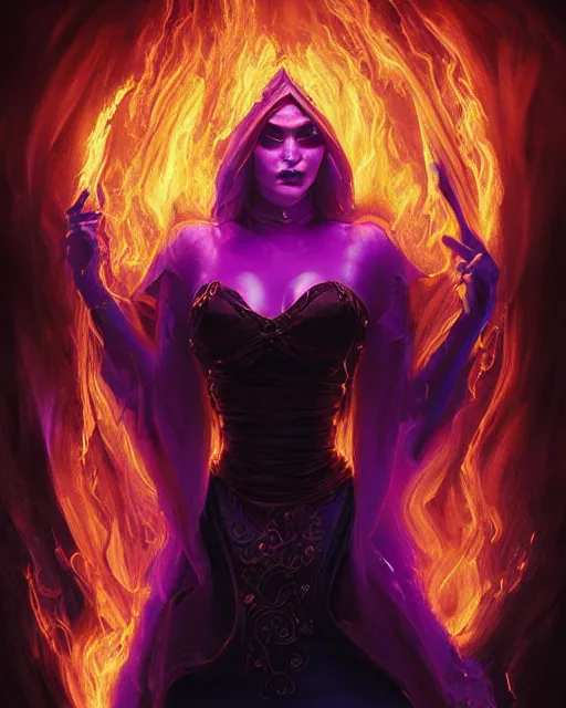 Prompt: pyromancer beauty cover in purple flames, deep pyro colors, purple laser lighting, award winning photograph, radiant flares, realism, lens flare, intricate, various refining methods, micro macro autofocus, evil realm magic painting vibes, hyperrealistic painting by michael komarck - daniel dos santos
