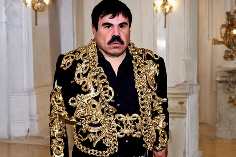 Prompt: el chapo standing in the middle of a grandiose mexican mansion. everything is made out of gold. el chapo is sipping on wine. the mansion is incredible and ornate. chapo has a clockwork chain. there are princesses and queens everywhere around him