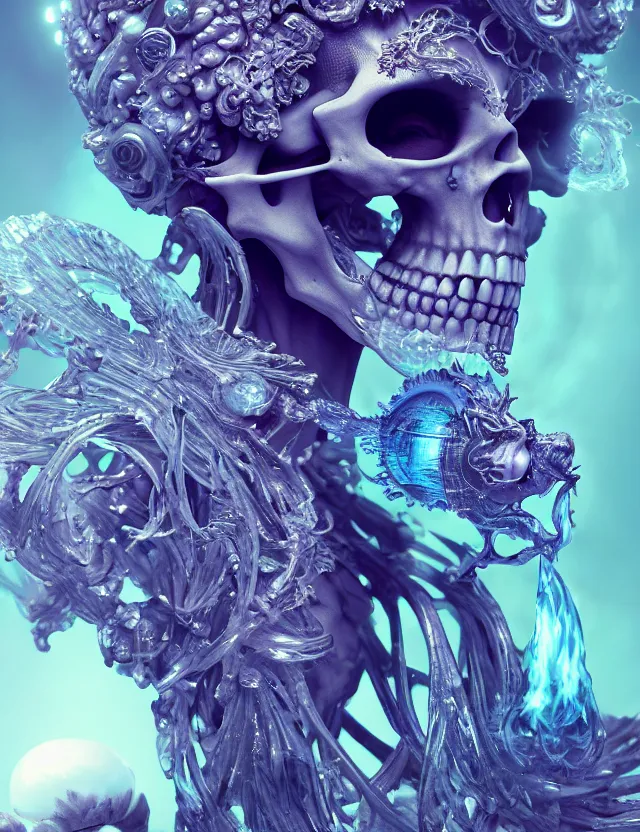 Image similar to 3 d goddess skeleton macro close - up portrait with crown made of ram skull. betta fish, jellyfish phoenix, bioluminiscent fire, plasma, ice, water, wind, creature, super intricate ornaments artwork by tooth wu and wlop and beeple and greg rutkowski