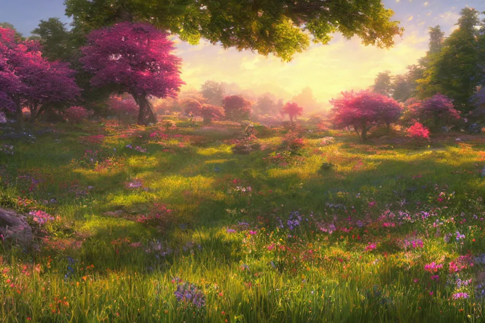 Prompt: Rendering of a scene with a meadow full of colorful flowers, by Makoto Shinkai and Thomas Kinkade, fantasy matte painting, trending on cgsociety and unreal engine, calm, volumetric lighting, highly detailed, super wide angle