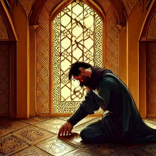 Image similar to lionel messi praying in a mosque, d & d style, fantasy, intricate, elegant, highly detailed, digital painting, artstation, concept art, matte, sharp focus, illustration, art by artgerm and greg rutkowski and alphonse mucha