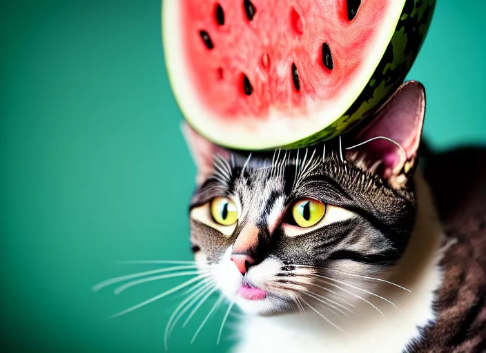 Image similar to photo of a cat wearing a helmet made of a watermelon. highly detailed 8 k. intricate. lifelike. soft light. nikon d 8 5 0 5 5 mm. dof. cinematic postprocessing.