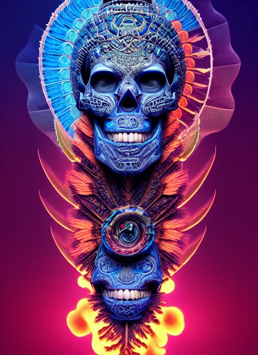 Image similar to 3 d shaman with tattoos profile portrait, sigma 5 0 0 mm f / 5. beautiful intricate highly detailed quetzalcoatl skull and feathers. bioluminescent, plasma, lava, ice, water, wind, creature, thunderstorm! artwork by tooth wu and wlop and beeple and greg rutkowski, 8 k trending on artstation,