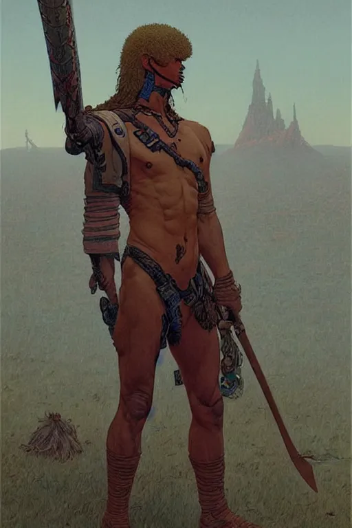 Prompt: warrior, attractive male, character design, painting by jean giraud, greg rutkowski, carl larsson, tom of finland