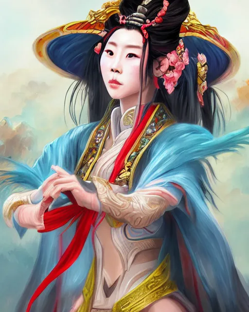 Prompt: portrait of taeyeon as diao chan from romance of three kingdoms in the paintetly style of WLOP, artgerm, brush stroke oil painting, imagine fx, artstation