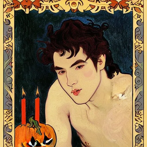 Image similar to painting of young cute handsome beautiful dark medium wavy hair man in his 2 0 s named shadow taehyung and cute handsome beautiful min - jun together at the halloween party, bubbling cauldron, candles, smoke, tarot, autumn colors, elegant, stylized, soft facial features, delicate facial features, art by alphonse mucha, vincent van gogh, egon schiele