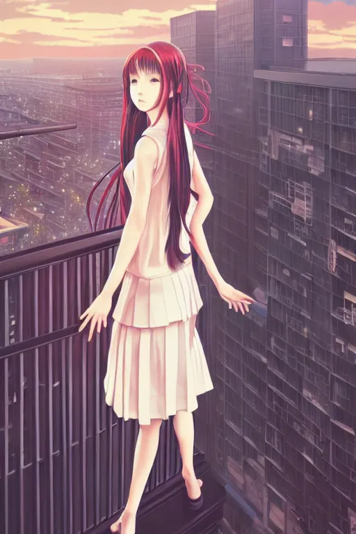 Image similar to beautiful full body portrait of a lone anime female with long flowing hair, wearing Japanese school uniform, standing on a balcony overlooking downtown Tokyo, D&D, fantasy, intricate, elegant, highly detailed, digital painting, artstation, concept art, smooth, sharp focus, illustration, art by ilya kuvshinov and WLOP and Ruan Jia and Krenz Cushart and greg rutkowski and alphonse mucha