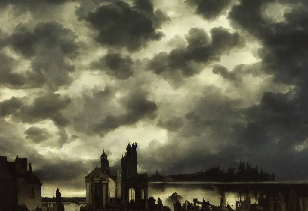 Image similar to medium shot, low-angle, painting multiple ghostly riders in the sky, dark clouds, rain, lightning, night, beautiful, dark academia aesthetic, magic vibes, soft lighting, by Vermeer, by Rutkowsky, by Perov, by Aiwazovsky, oil on canvas, Royal Academy, masterpiece, trending on artstation, cinematic composition, dramatic pose, beautiful lighting, sharp, details, hyper-detailed, HD