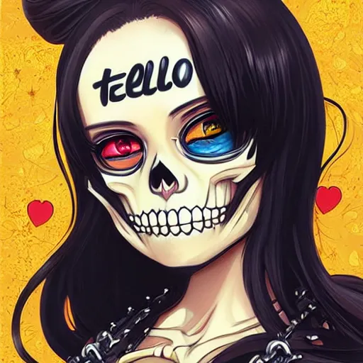 Image similar to anime manga skull portrait young woman skeleton, bikini, hello kitty, Disney , highly detailed, digital art, art by JC Leyendecker and sachin teng