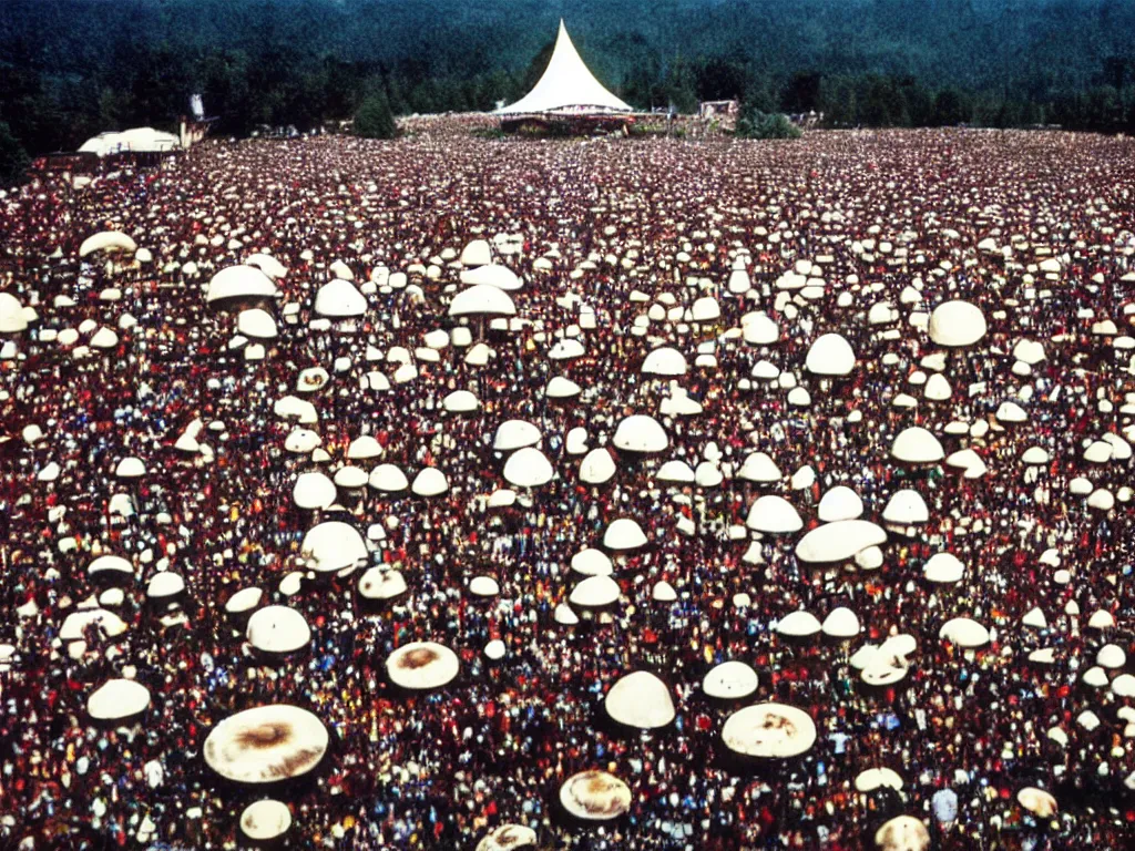 Image similar to 70s photo of trippy hippy festival Woodstock stage with giant mushrooms