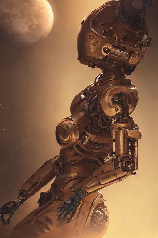 Image similar to portrait of a robot with a bronze armor, landing on the moon, highly detailed, digital painting, artstation, concept art, sharp focus, illustration, art by WLOP and tian zi and alphonse mucha