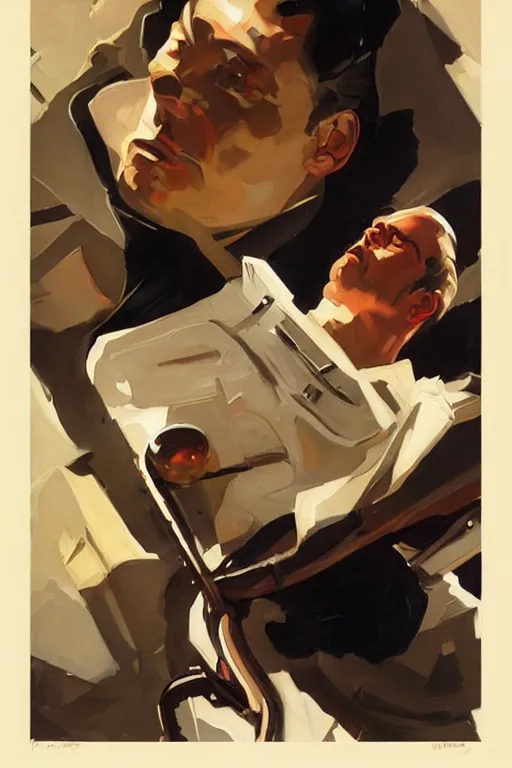 Image similar to rich evans space cop painting by jc leyendecker!! phil hale!, angular, brush strokes, painterly, vintage, crisp