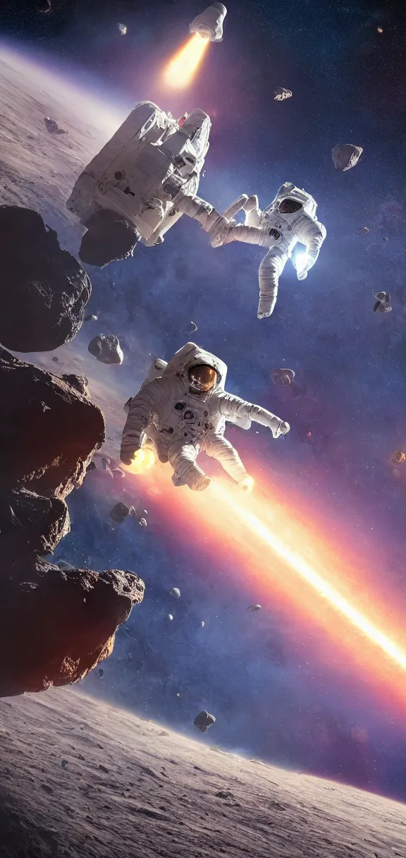 Image similar to photo of 8k ultra realistic astronaut riding asteroids, nasa, clear sky, full of colour, cinematic lighting, battered, trending on artstation, 4k, hyperrealistic, focused, extreme details,unreal engine 5, cinematic, masterpiece, art by Robert McCall