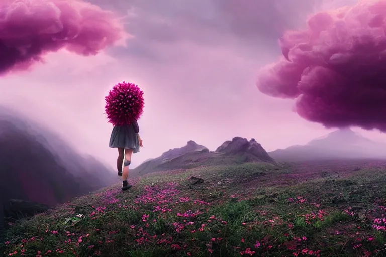 Image similar to giant dahlia flower on head, girl walking on mountain, surreal photography, pink storm clouds, dramatic light, impressionist painting, digital painting, artstation, simon stalenhag