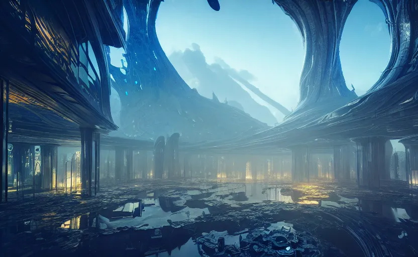 Image similar to inside a futuristic ethereal magical elven city, highly detailed, 8 k, hdr, award - winning, octane render, trending on artstation, volumetric lighting