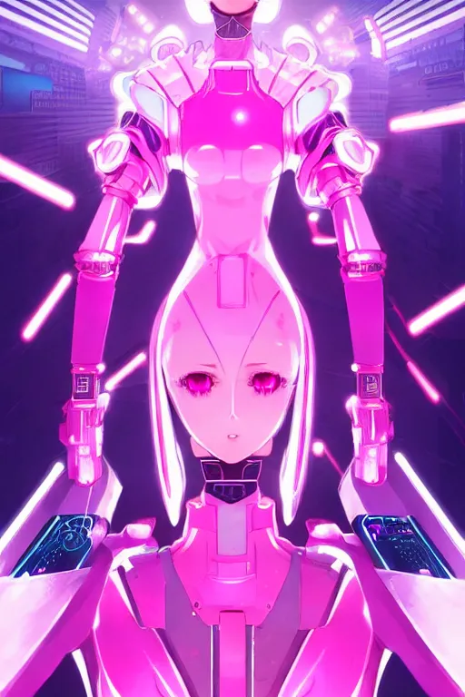 Image similar to portrait pink anime visual futuristic female cyber police, on cyberpunk neon light tokyo rooftop, ssci - fi and fantasy, intricate and very beautiful, human structure, concept art, sharp focus, anime by liya nikorov and simon stalenhag and rossdraws and magali villeneuve and luxearte, frostine engine