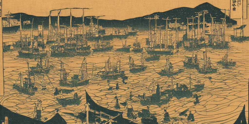 Prompt: woodblock print of a japanese harbor at midnight, beautiful lighting, deep colors, extremely intricate, hyper detailed, hd, edo period masterpiece