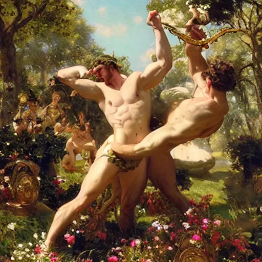 Image similar to hercules and achilles frolic in a meadow of beautiful flowers, large topiary and marble pillars in the background, painting by gaston bussiere, craig mullins, j. c. leyendecker, tom of finland