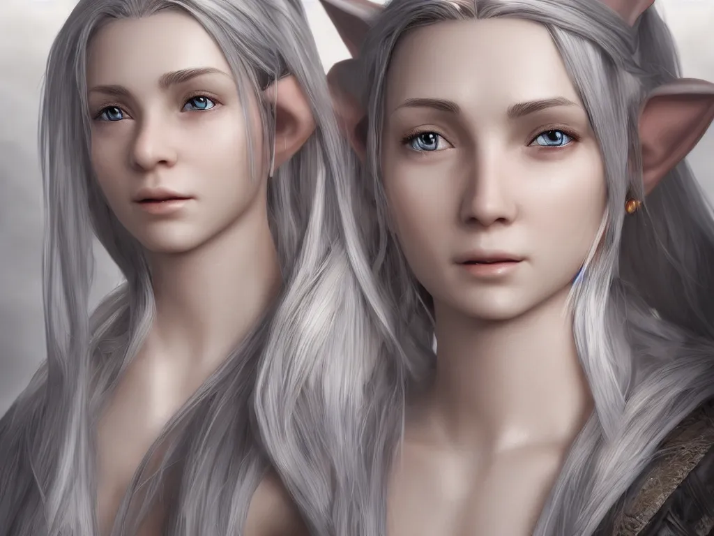 Image similar to a female elf with a peerless face, face closeup ， natural light ， realistic rendering ， metahuman