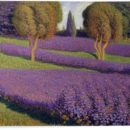 Image similar to deep purple artificial, cosy by fra angelico, by claude monet. a beautiful sculpture depicting a farm scene. the sculpture shows a view of an orchard with trees in bloom.